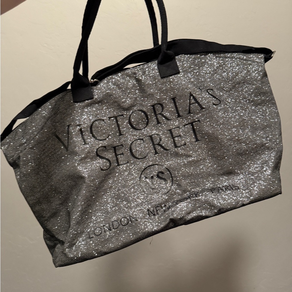 Victoria's Secret Silver and Black Glitter Tote Bag